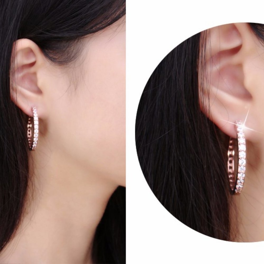 *NEW 18K Rose Gold 1.25'' Diamond Hoop Earrings - Picture 4 of 4